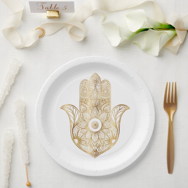Gold Sunflower Hamsa Hand Paper Plate (Wedding)