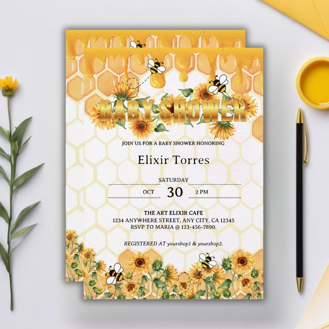 Gold Sunflower Honeycomb Honeybee Baby Shower Invitation (Creator Uploaded)