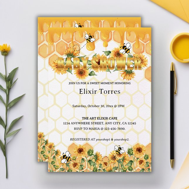 Gold Sunflower Honeycomb Honeybee Baby Shower Invitation (Creator Uploaded)
