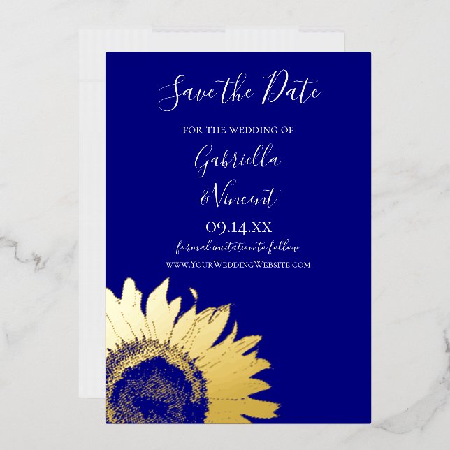 Gold Sunflower on Navy Blue Wedding Save the Date (Envelope)