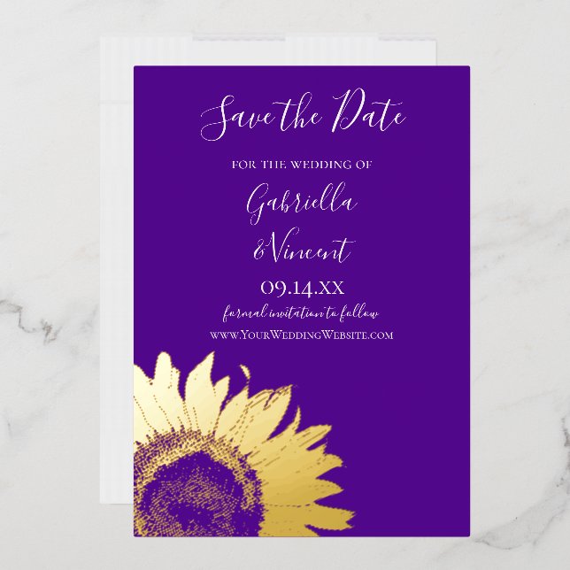 Gold Sunflower on Purple Wedding Save the Date  (Envelope)