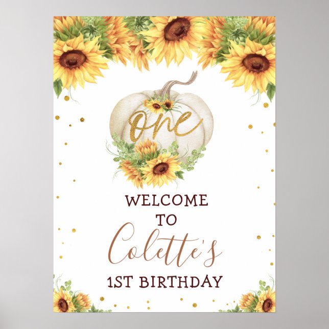 Gold Sunflower Welcome Pumpkin 1st Birthday Poster (Front)