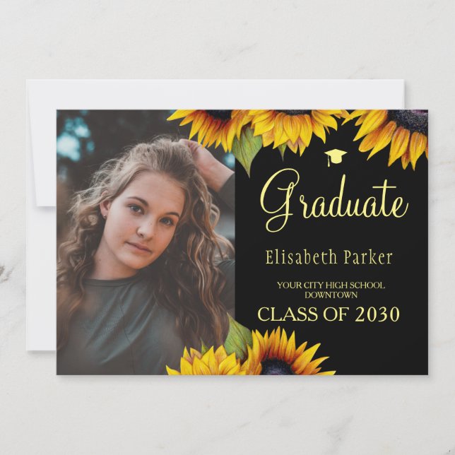 Gold sunflowers 2 photos graduation announcement (Front)