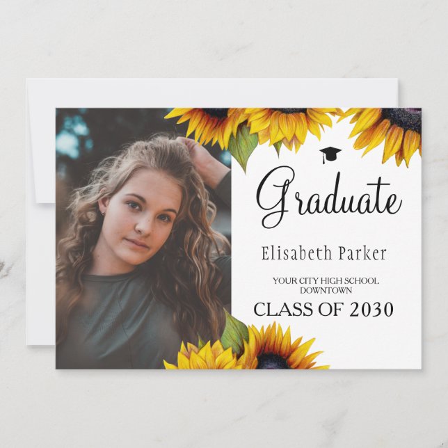 Gold sunflowers 2 photos graduation announcement (Front)