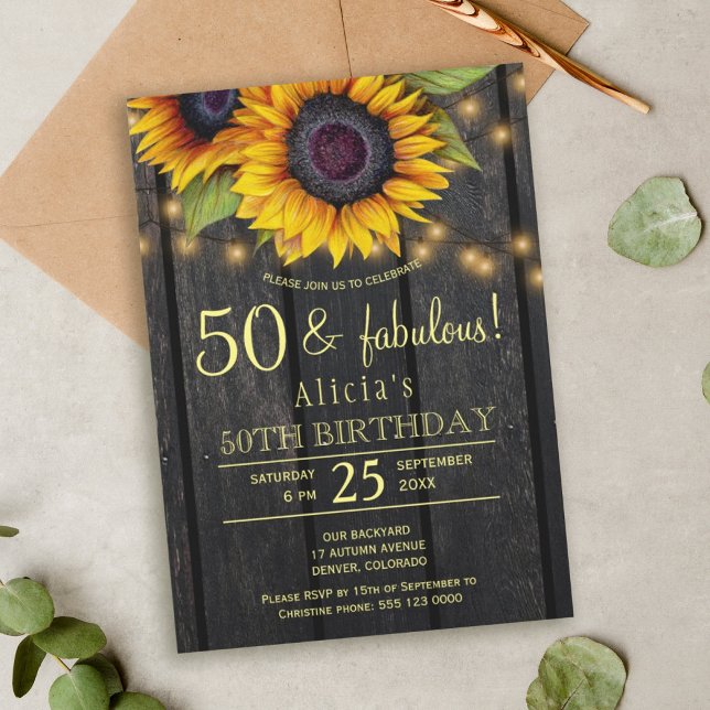Gold sunflowers country barn wood fifty fabulous invitation (Creator Uploaded)