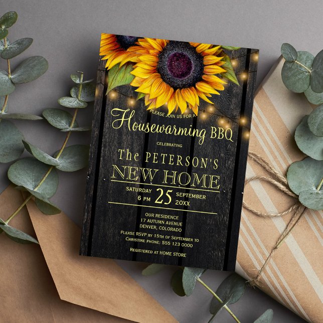 Gold sunflowers country barn wood housewarming invitation (Creator Uploaded)