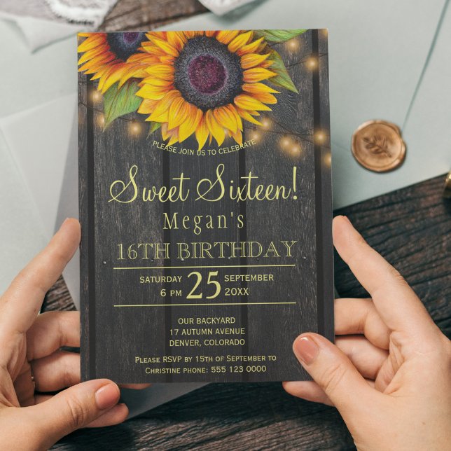 Gold sunflowers country barn wood sweet sixteen invitation (Creator Uploaded)