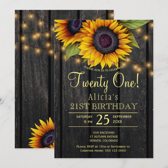Gold sunflowers country barn wood twenty one invitation (Front/Back)
