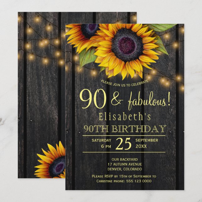 Gold sunflowers country barnwood 90 fabulous years invitation (Front/Back)