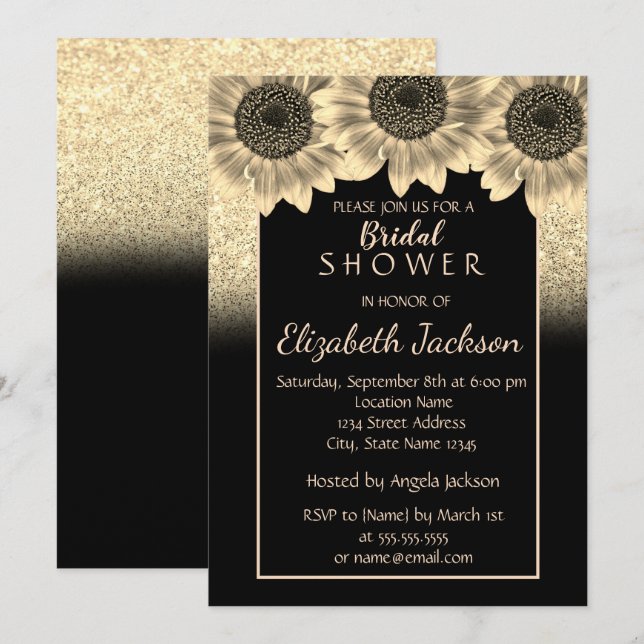 Gold , Sunflowers, Glitter Bridal Shower Invitation (Front/Back)