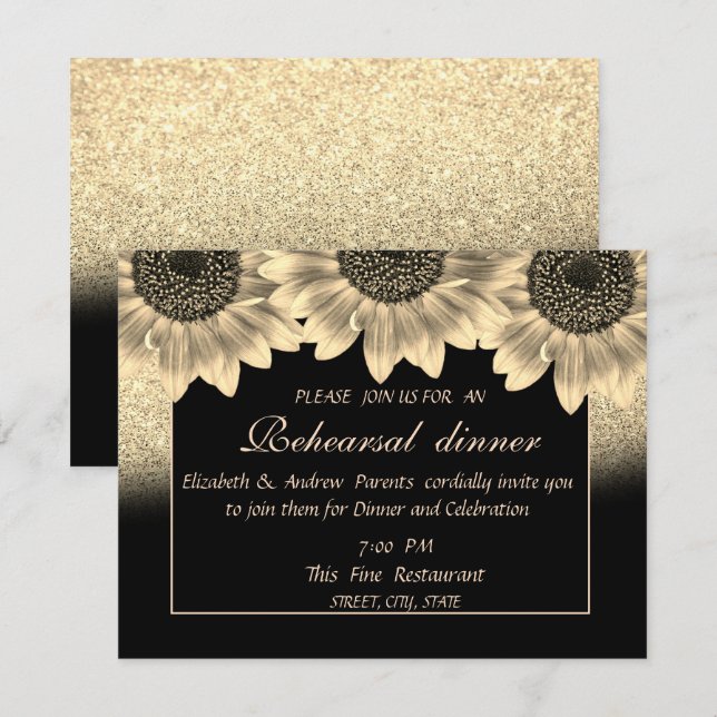 Gold, Sunflowers, Glitter  Rehearsal Dinner Invitation (Front/Back)