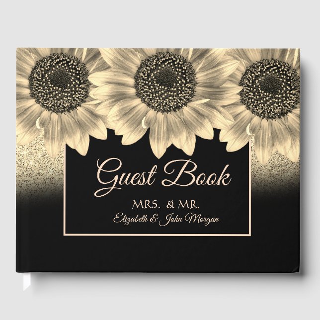 Gold, Sunflowers, Glitter Wedding Guest Book (Front)