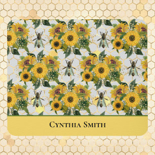 Gold Sunflowers Honeycomb and Royal Bee with Name Mouse Mat