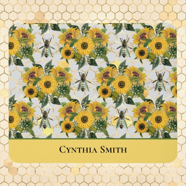 Gold Sunflowers Honeycomb and Royal Bee with Name Mouse Mat (Creator Uploaded)