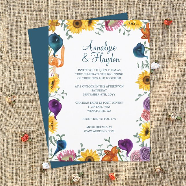 Gold Sunflowers, Navy & Plum Calla Lilies Wedding Invitation (sunflowers and plum purple wedding invitations)