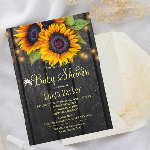 Gold sunflowers rustic barn wood baby shower invitation