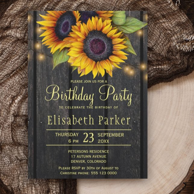 Gold sunflowers rustic barn wood birthday party invitation (Creator Uploaded)