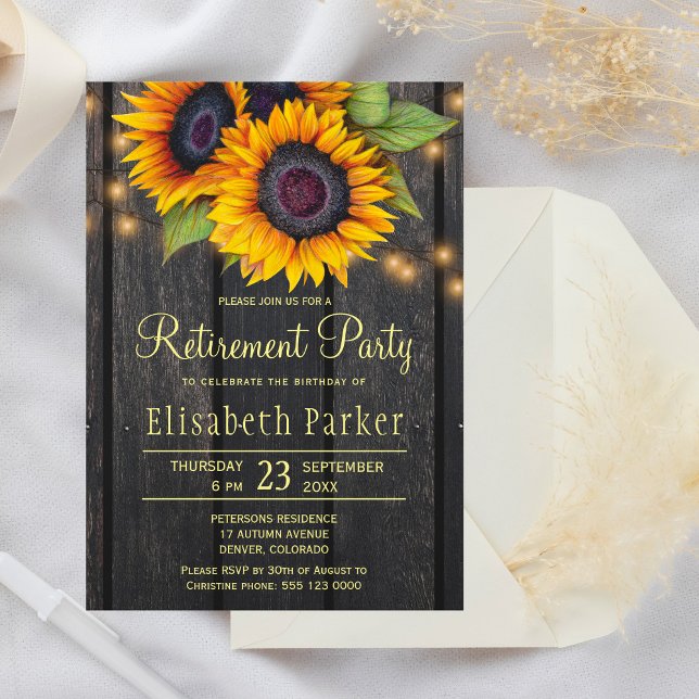 Gold sunflowers rustic barn wood retirement party invitation (Creator Uploaded)