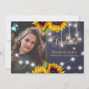 Gold sunflowers rustic chalkboard graduation invitation