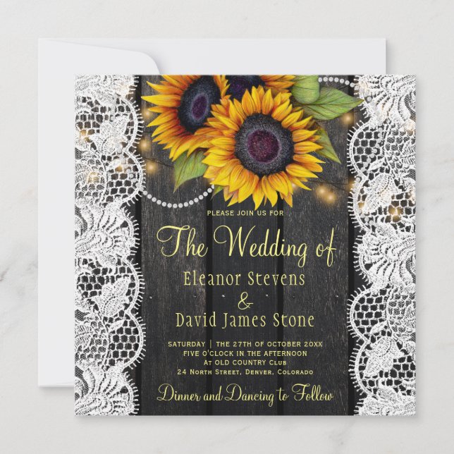 Gold sunflowers rustic country barn wood wedding invitation (Front)