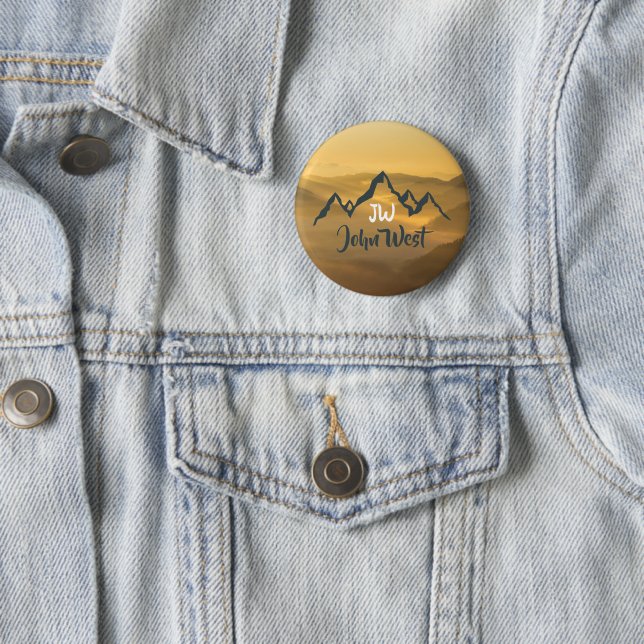 Gold sunrise personalizable mountains monogram 6 cm round badge (In Situ)