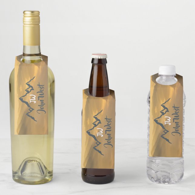 Gold sunrise personalizable mountains monogram bottle tag (In Situ)