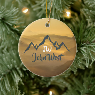 Gold sunrise personalizable mountains monogram ceramic tree decoration