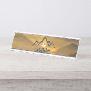 Gold sunrise personalizable mountains monogram desk name plate