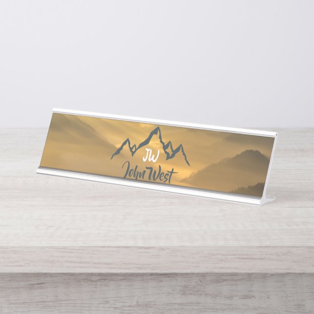 Gold sunrise personalizable mountains monogram desk name plate (Front)