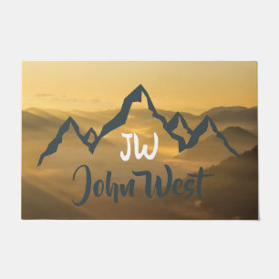 Gold sunrise personalizable mountains monogram doormat