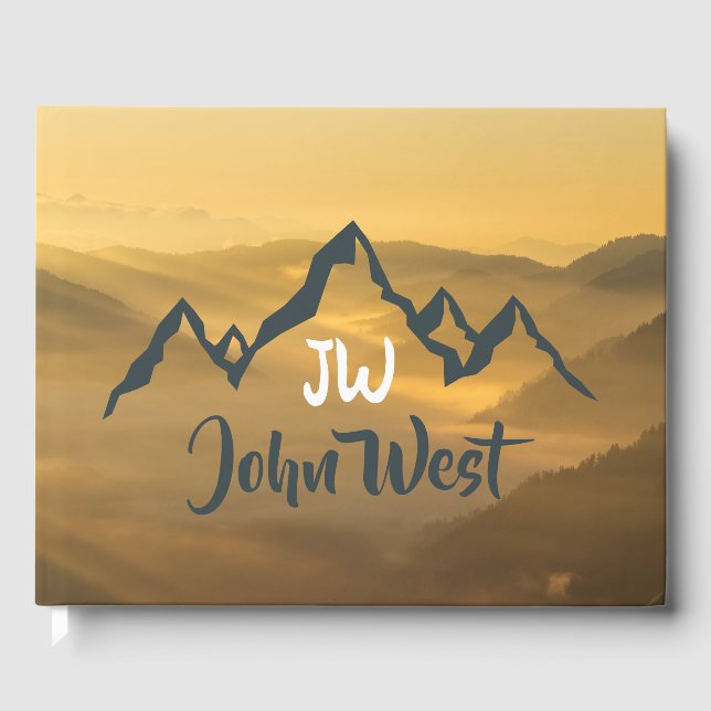 Gold sunrise personalizable mountains monogram guest book (Front)