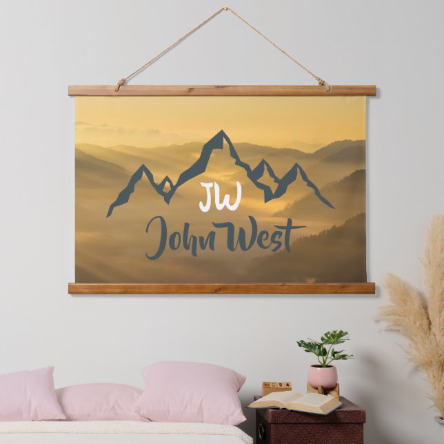 Gold sunrise personalizable mountains monogram hanging tapestry (Bedroom)