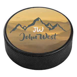 Gold sunrise personalizable mountains monogram hockey puck