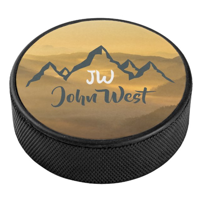 Gold sunrise personalizable mountains monogram hockey puck (3/4)