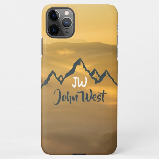 Gold sunrise personalizable mountains monogram iPhone case (Back)