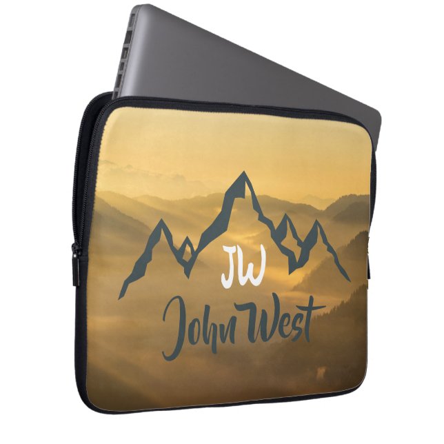 Gold sunrise personalizable mountains monogram laptop sleeve (Front Right)