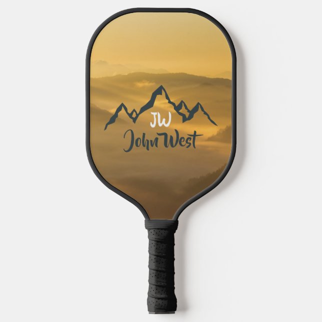 Gold sunrise personalizable mountains monogram pickleball paddle (Front)