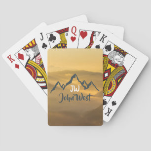 Gold sunrise personalizable mountains monogram playing cards