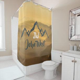 Gold sunrise personalizable mountains monogram shower curtain