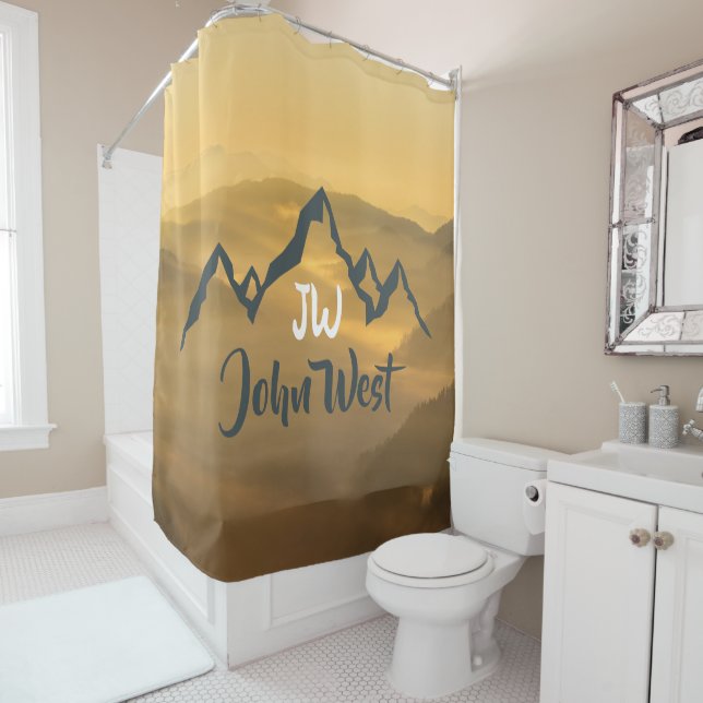 Gold sunrise personalizable mountains monogram shower curtain (In Situ)