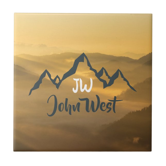 Gold sunrise personalizable mountains monogram tile (Front)