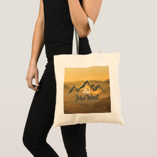 Gold sunrise personalizable mountains monogram tote bag