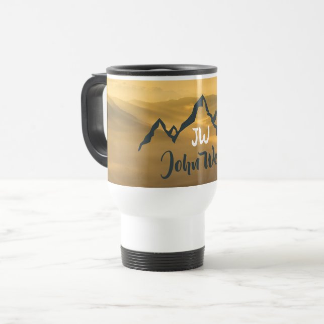 Gold sunrise personalizable mountains monogram travel mug (Front Left)