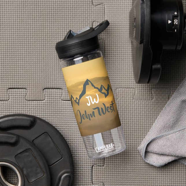Gold sunrise personalizable mountains monogram water bottle (Gym)
