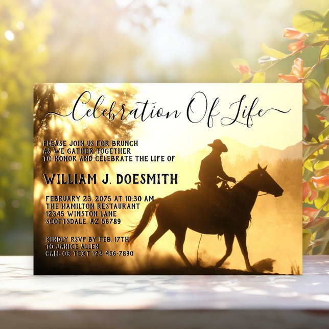 Gold Sunset Cowboy Funeral Memorial Service Invitation (Cowboy funeral and memorial service announcement and invitation.)