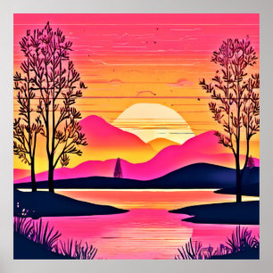 Gold Sunset Over Pink Lake Art Poster