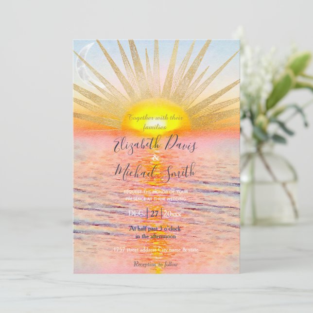 Gold Sunset Sun Mandala Watercolor Sea Invitation (Standing Front)