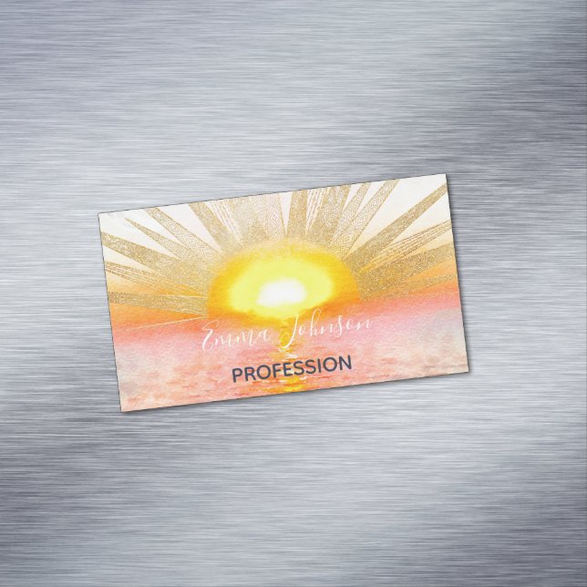 Gold Sunset Sun Mandala Watercolor Sea Magnetic Business Card (In Situ)
