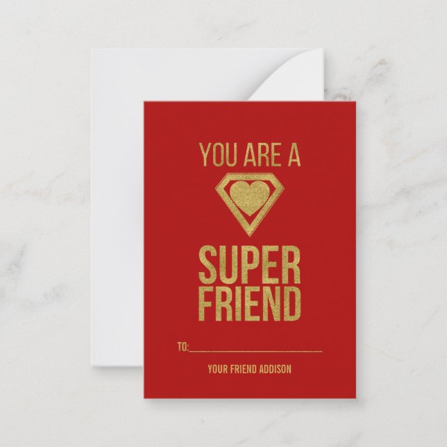 Gold Superhero Friend Classroom Valentine Card Red (Front)