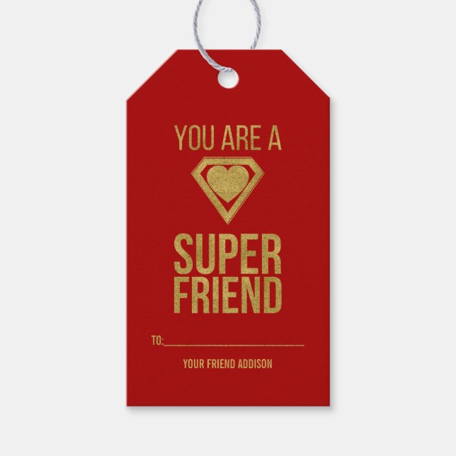 Gold Superhero Friend Classroom Valentine Gift Tag (Front)